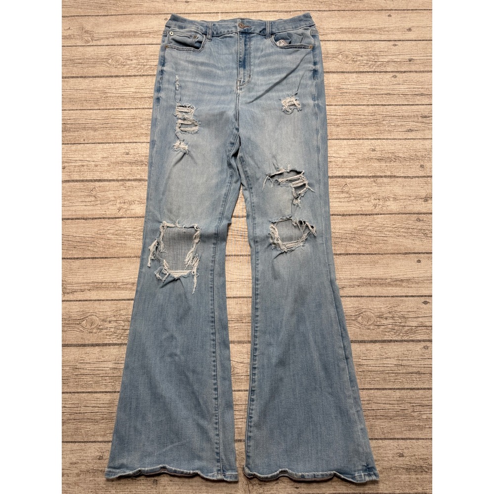 American Eagle Jeans Women's 14 X-Long Blue Light Wash Flared Slim Distressed